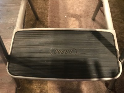 Vintage Cosco Step Stool White Kitchen Flip Top Vinyl with Chrome