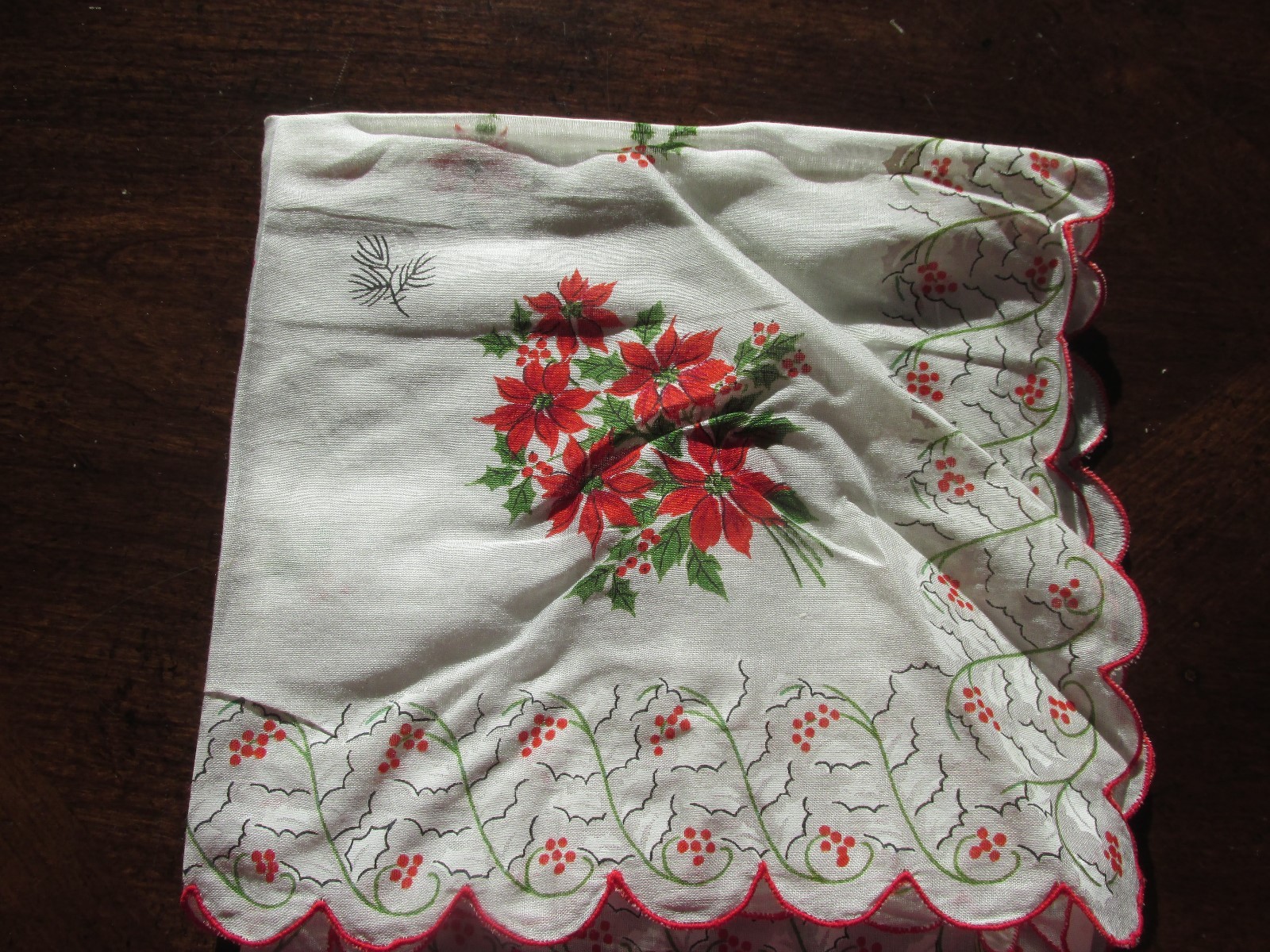 Vintage NIB Christmas Poinsettia Holly berryHanky Handkerchief doily
