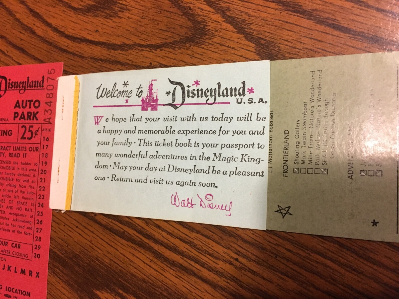 original Vintage Disneyland Admission Ticket/ Jr., Auto Parking 1950s Anaheim CA