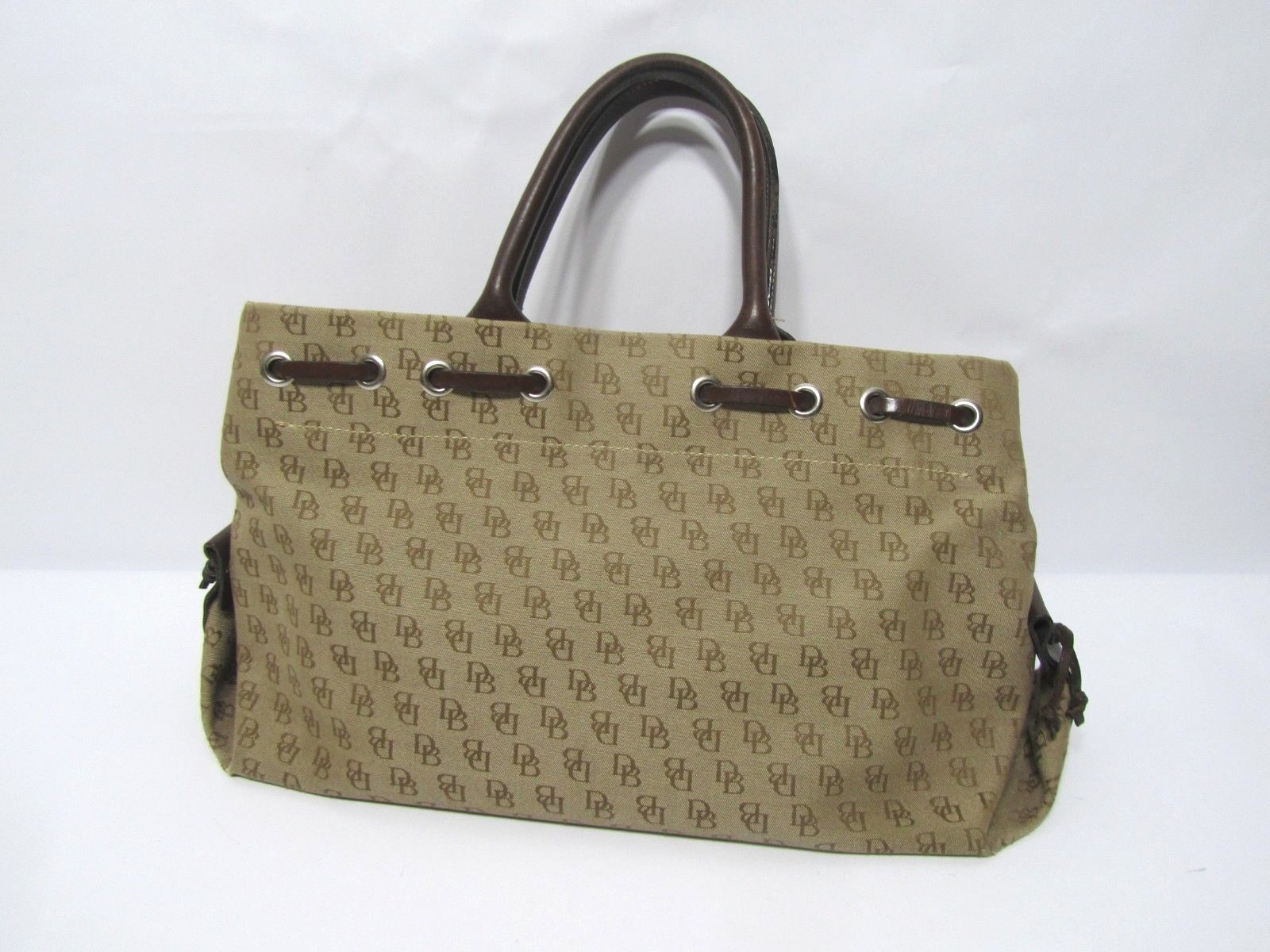 Authentic Dooney & Bourke Brown Monogram Tassel Top Zip Satchel Purse Bag