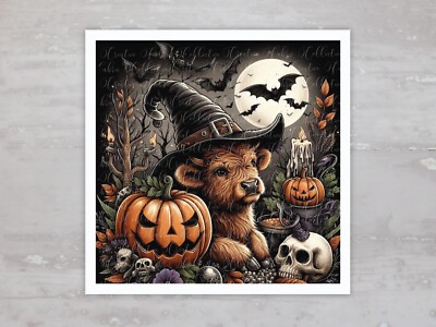 Halloween Witch Highland Cow Pumpkin Fabric Panel Quilt Sewing Quilt Block A84
