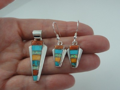 Sterling Silver Turquoise Opal Spiny Oyster Inlay Earrings Pendant Set Striped