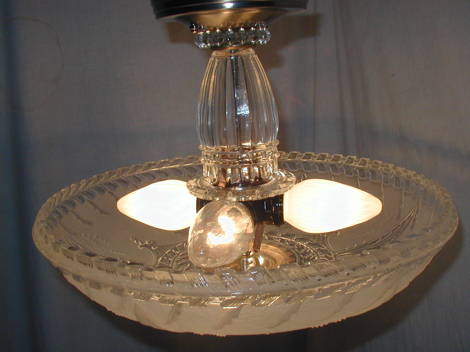 VTG ANTIQUE 30S LARGE CLEAR GLASS SHADE ART DECO CHANDELIER 4 LIGHT FIXTURE