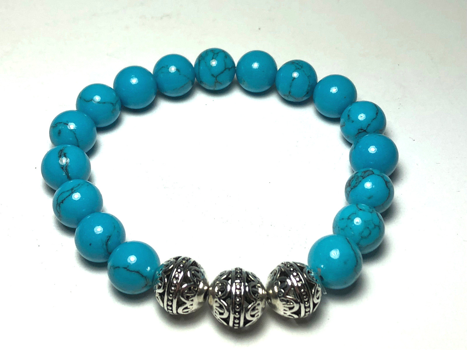 Handmade 10mm Unisex Turquoise Gemstone & .925 Silver Bali Bead Bracelet