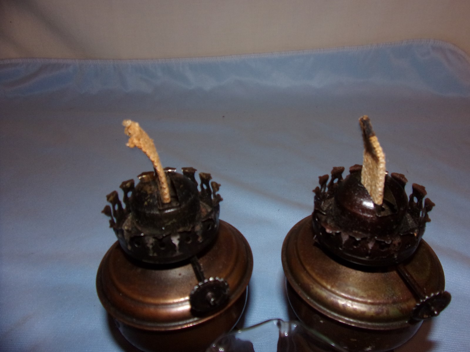 Two Petite Brass Oil Lamps/One Petite Clear Ruffled Chimney Made in India(INDIA)