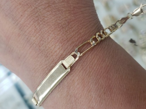 Pre-owned Handmade Kid Unisex 10k Yellow Gold Figaro Id Baby Bracelet 5.75 Inch