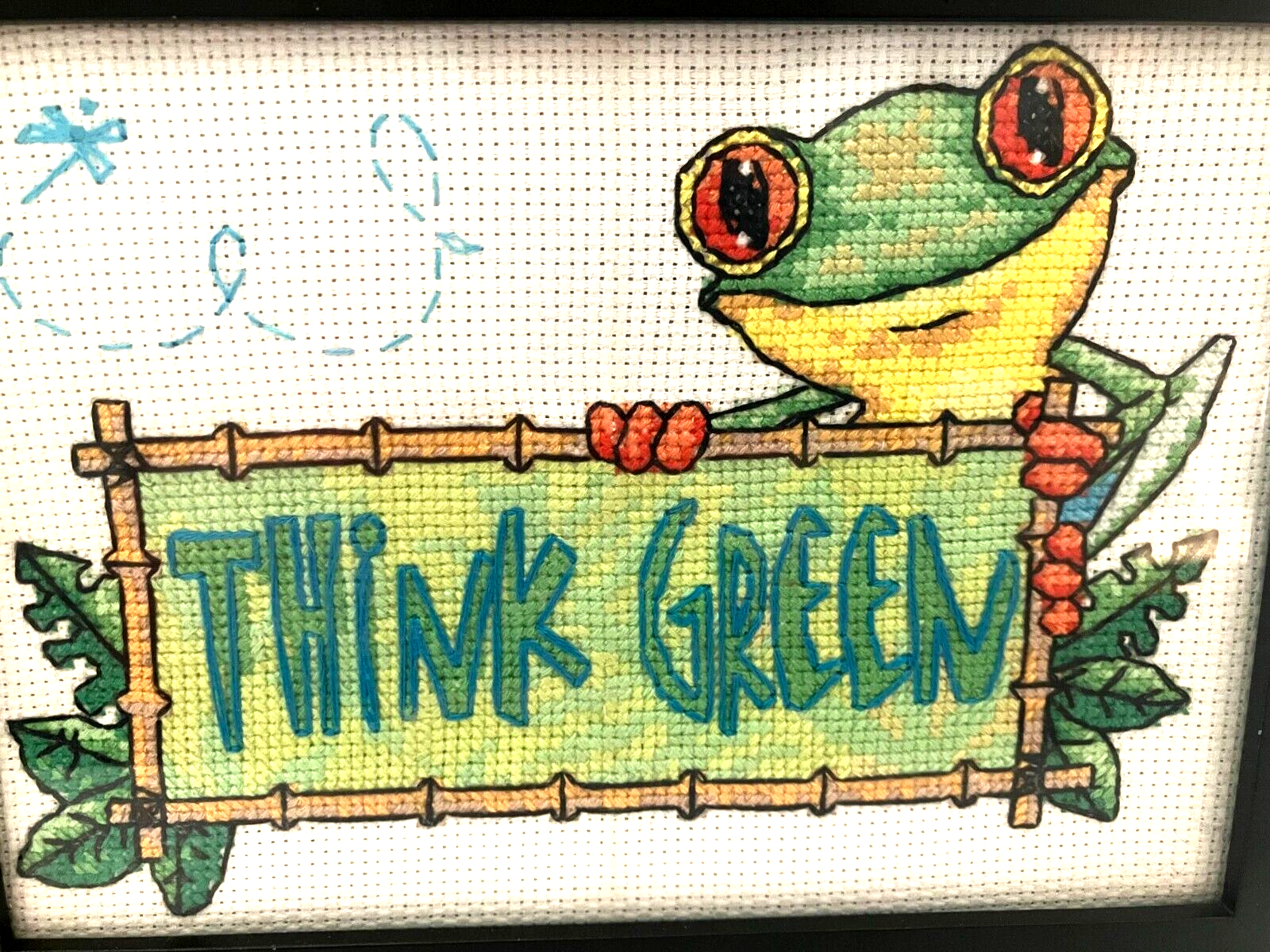 Frog Needlepoint &ldquo;Think Green&rdquo; Black Frame 6&rdquo; x 8&rdquo; Ready to Hang