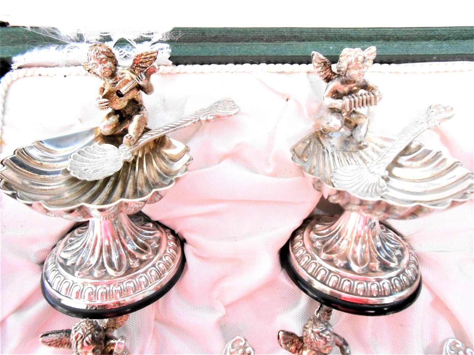 Spanish Silver Cherub Musicians salt cellars & Spoons~Pedro Duran Morales SPAIN