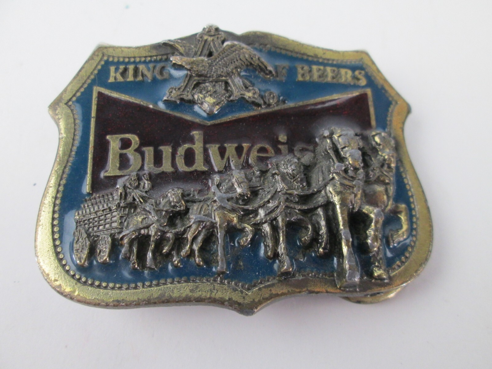 Vintage Budweiser King of Beers 1982 Red Blue Enamel Brass