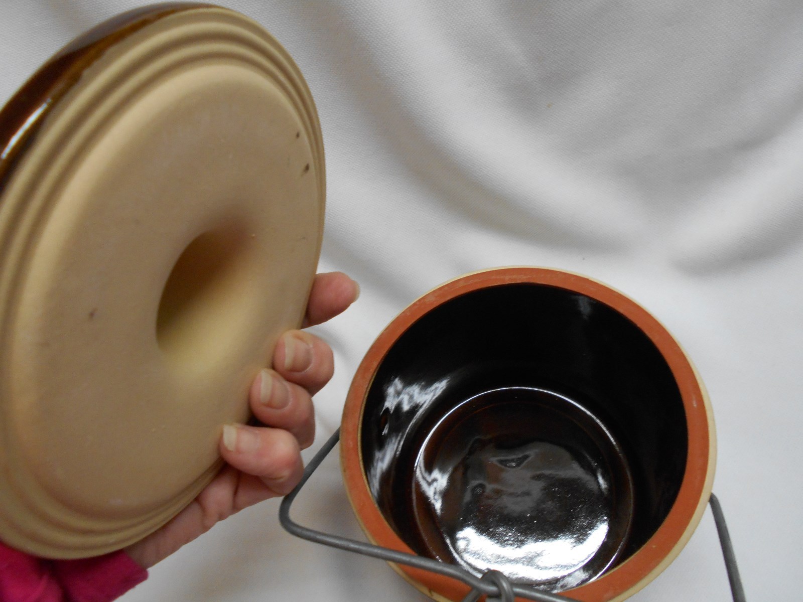 vintage brown crock with bail wire top Greatings from Don's body shop