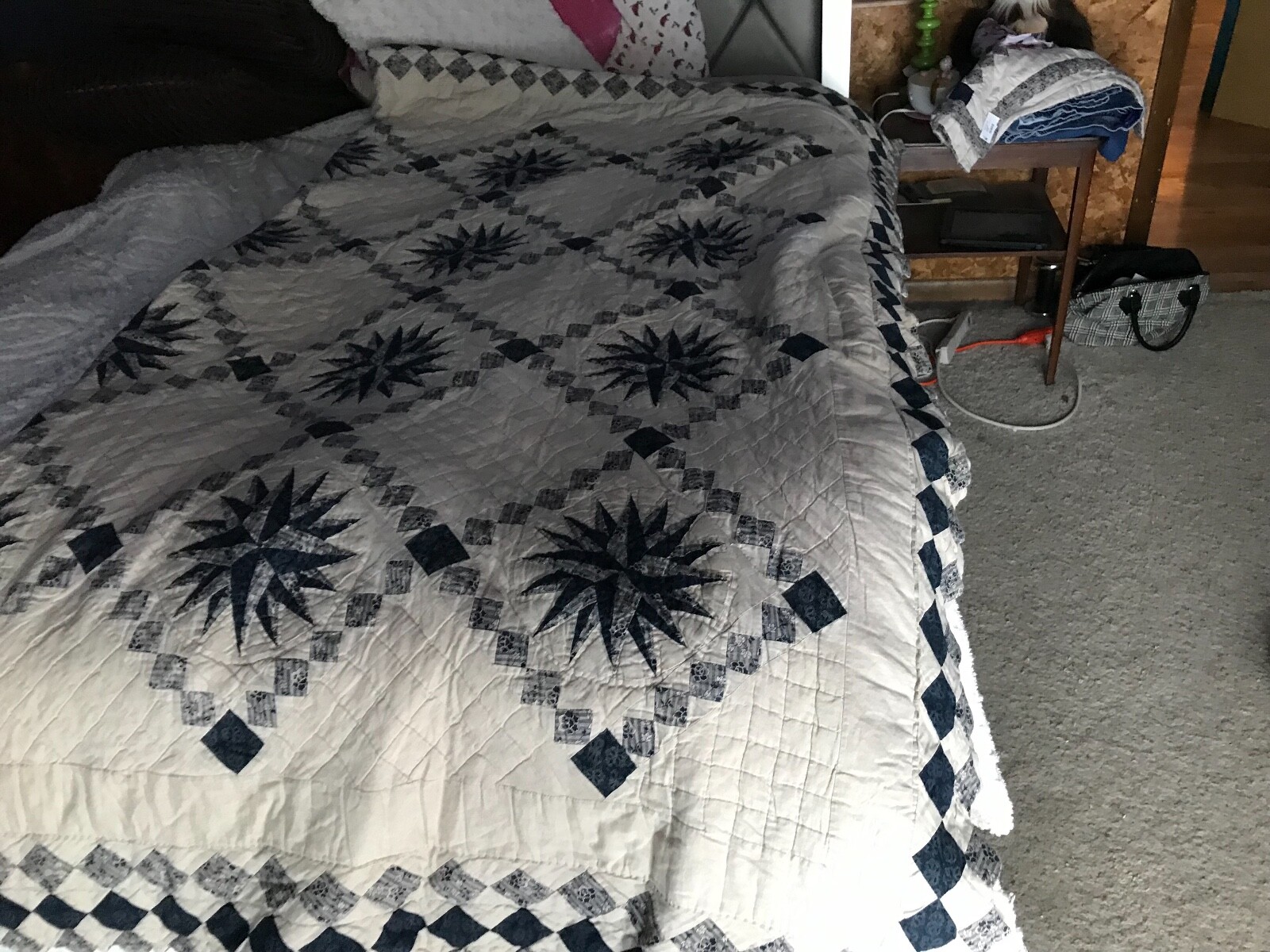 Vtg Blue Cream Hedaya home QUILT Quilted BLANKET Bedspread 92X84 DBL & Sham