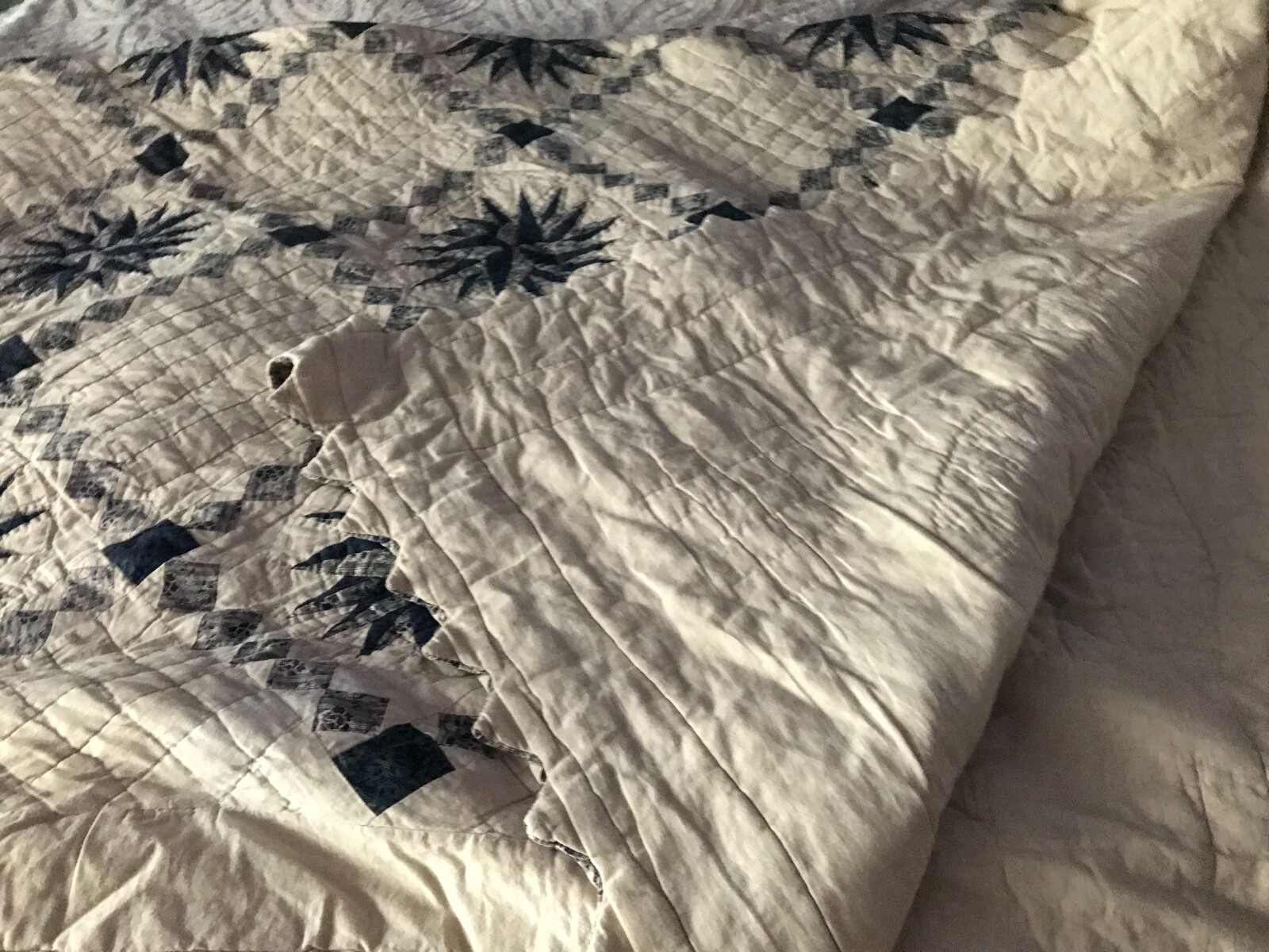 Vtg Blue Cream Hedaya home QUILT Quilted BLANKET Bedspread 92X84 DBL & Sham