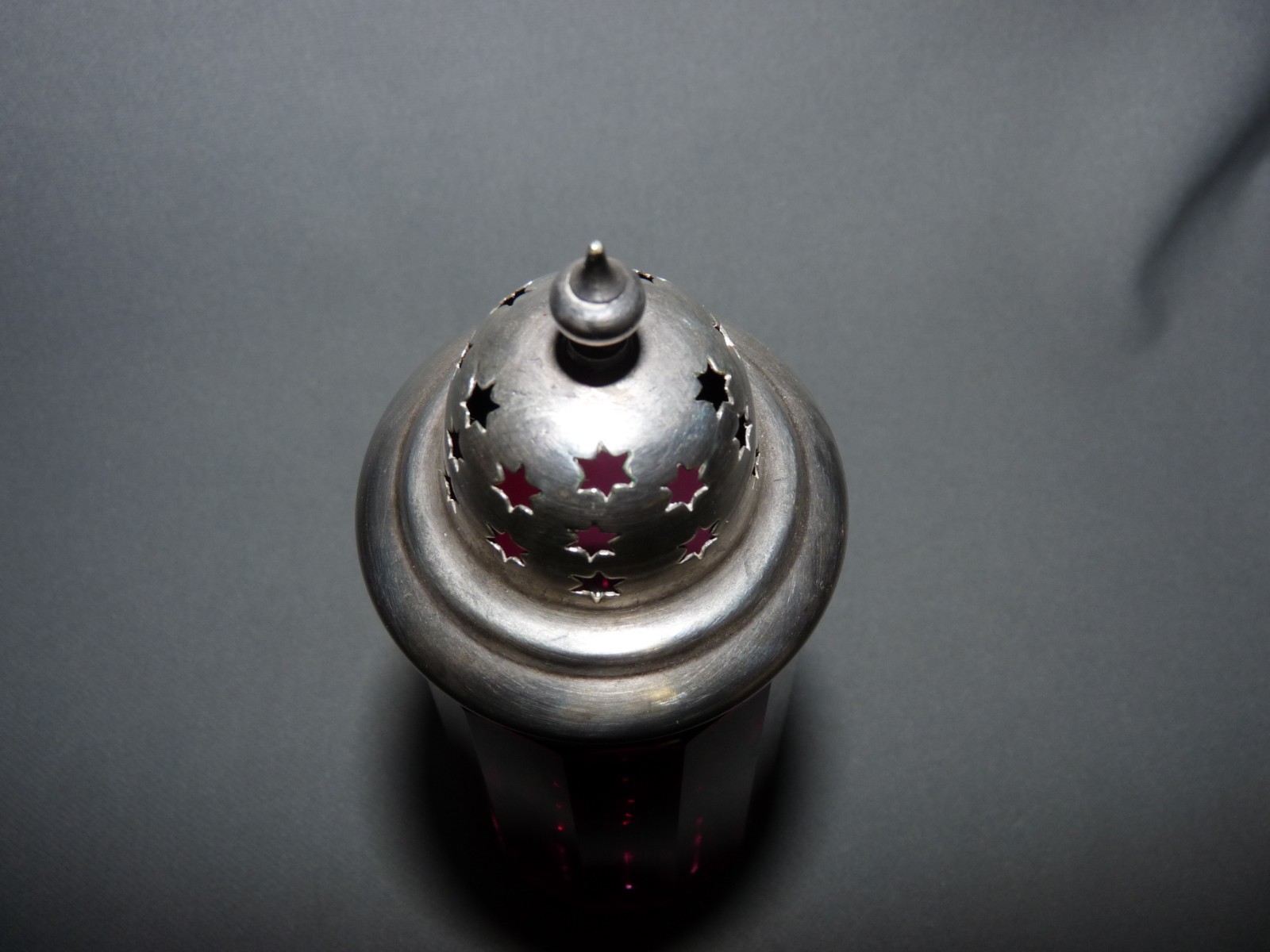 Cranberry Glass Sugar Shaker Silver Lid Panel Pattern Antique