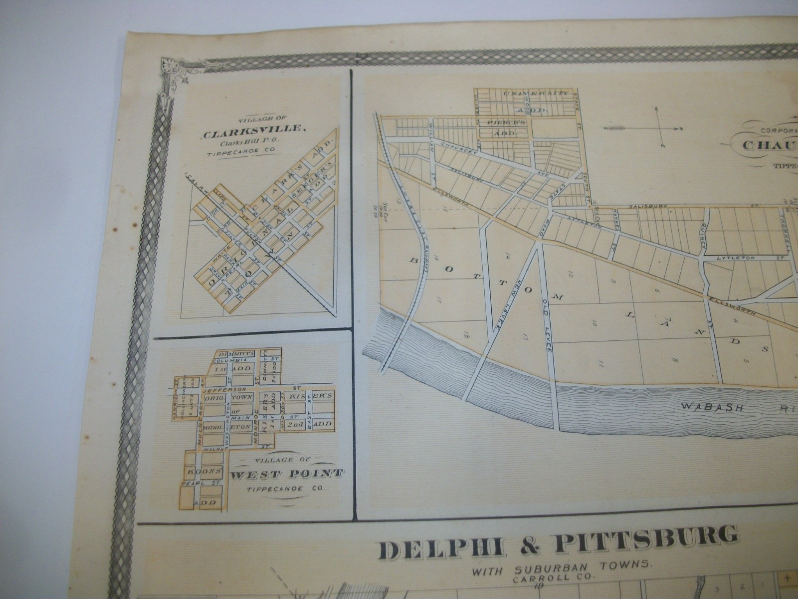 Antique 1876 Indiana Map Atlas Delphi Pittsburg Chauncey Clarksville West Point