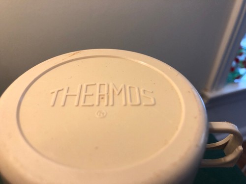 1963 Vintage Keapsit Blue Cream Black Stripe Half Pint Vacuum Thermos With Label