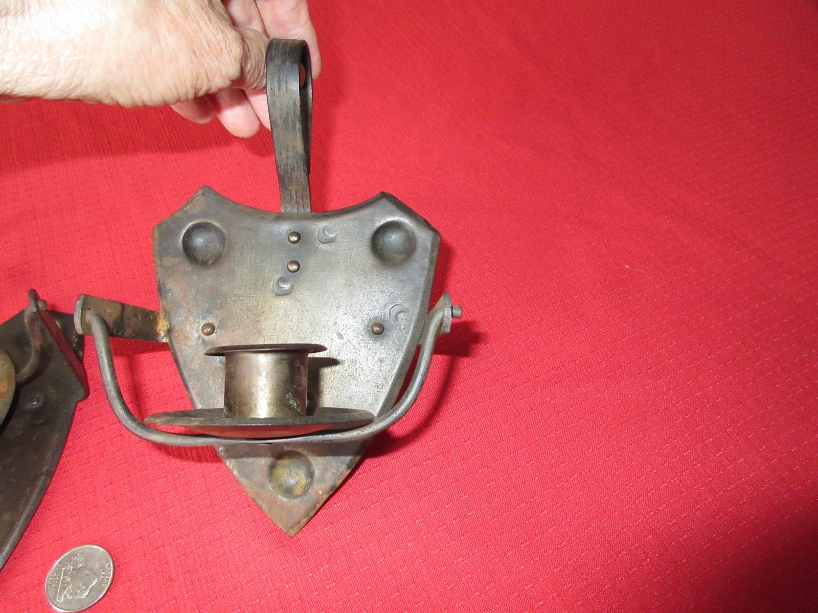 VINTAGE METAL CANDLE HOLDERS HANG OR CARRY m H B GERMANY EARLY PRIMITIVE UNIQUE