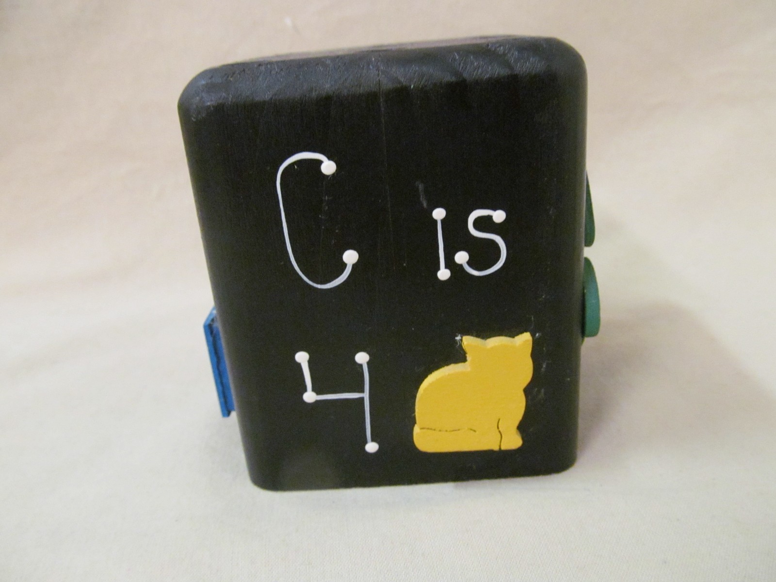 Black Wooden ABC Teacher Cube Pencil Holder, Hand Painted w attached Art, 3