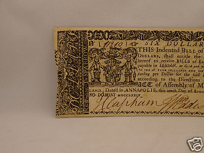 Fine 242 year old COLONIAL CURRENCY NOTE $6 April 10, 1774 - MARYLAND