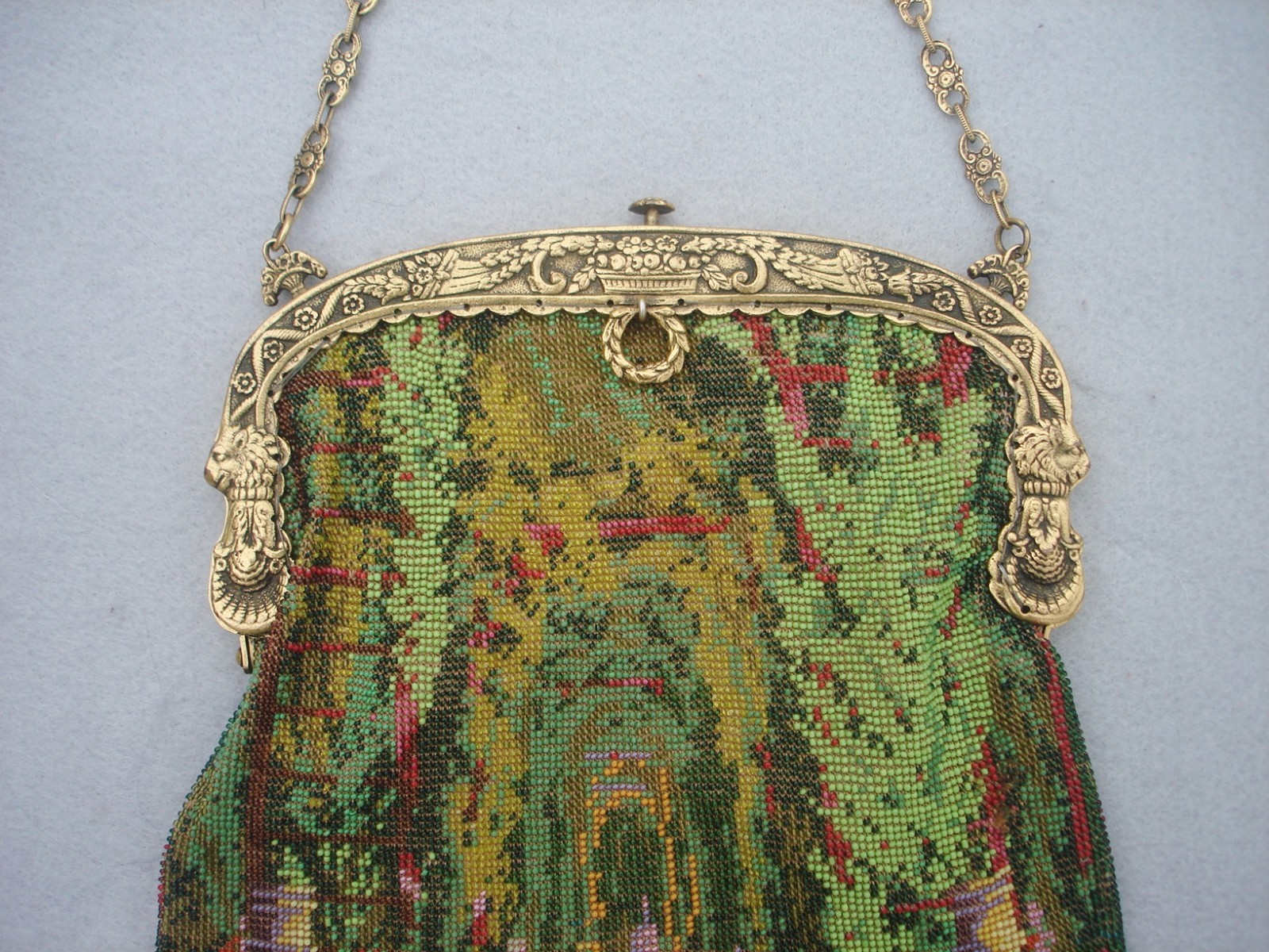 Figural / Scenic Beaded Purse, couple dancing in a garden, ornate frame