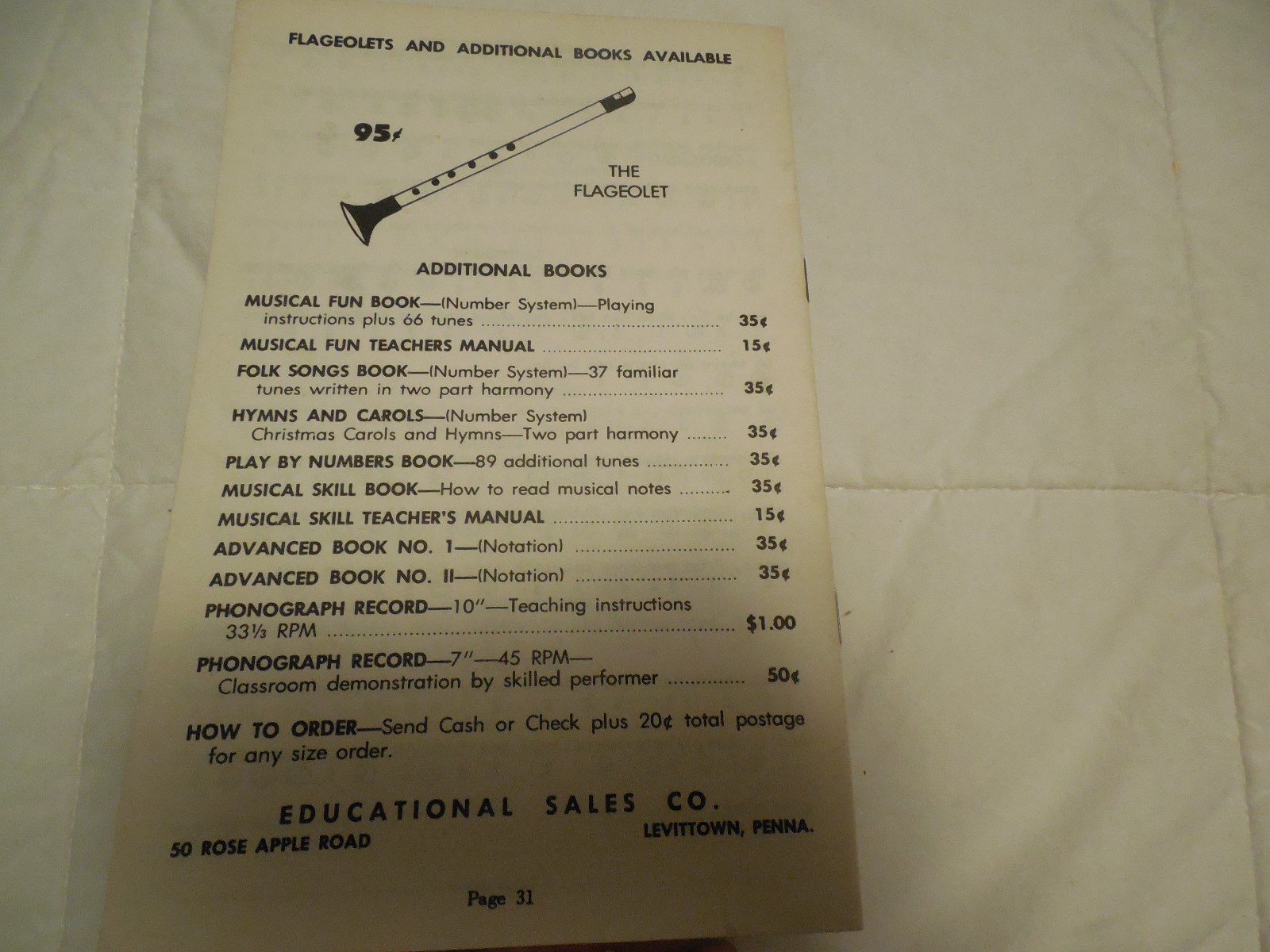 1958 Musical Fun Instruction Book for Flageolets Donald F. Thompson