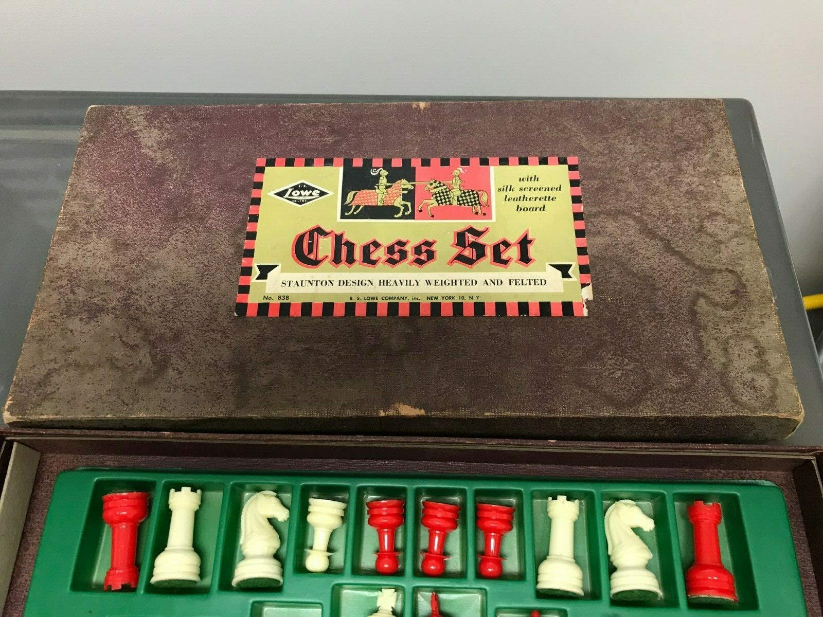 vintage Lowe chess plastic red / white pieces + box but NO BOARD comes with it