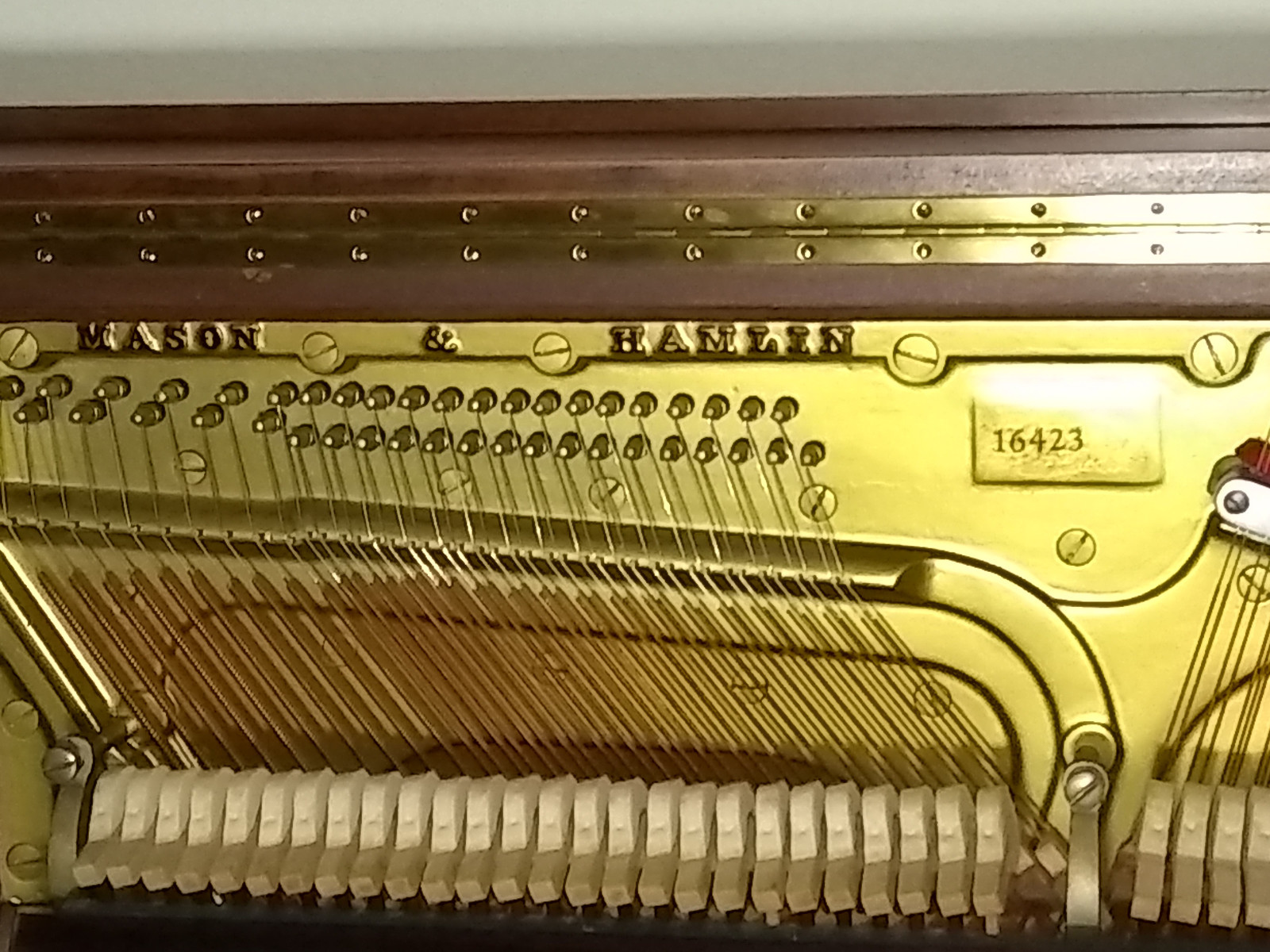 Upright Piano Mason Hamlin, built 1906. Mahogany case & bench. Art deco trim