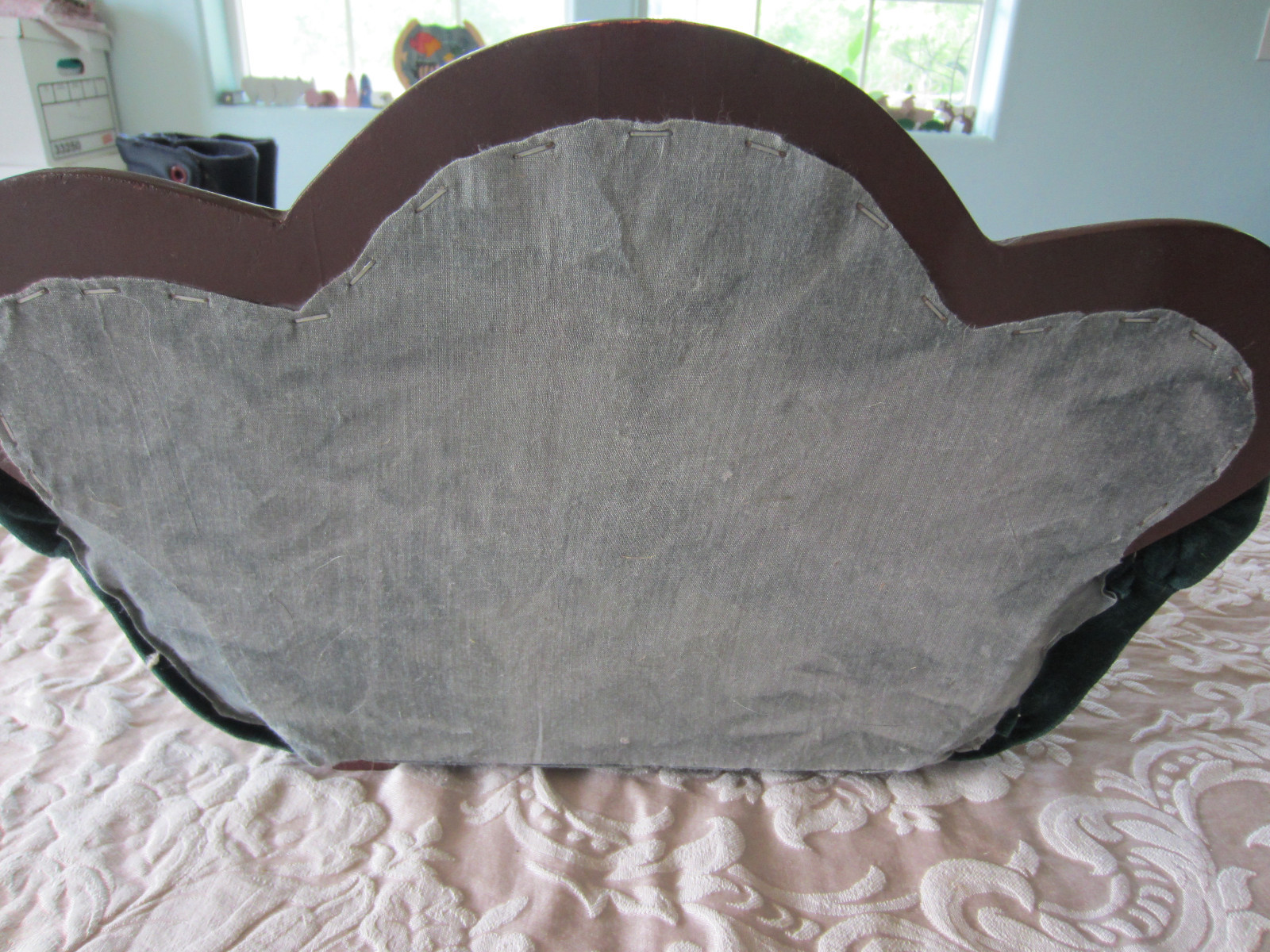 Vintage Doll Couch/Sofa Dark Green wood and velvet or velour Antique VERY RARE