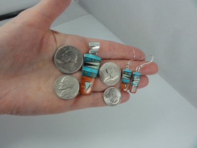 Sterling Silver Turquoise Opal Spiny Oyster Inlay Earrings Pendant Set Triangle