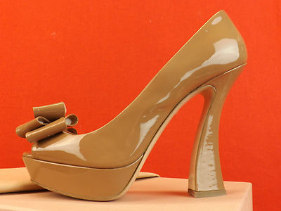 Pre-owned Prada Miu Miu  Caramel Patent Leather Bow Flared Heel Platform Pumps 41 In Nude/caramel