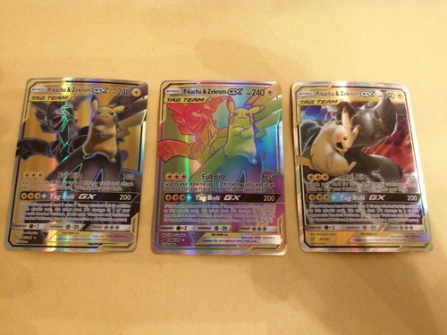 3x Pokemonkarten Pikachu Zekrom Tag Team GX Rainbow Holo Selten Proxy
