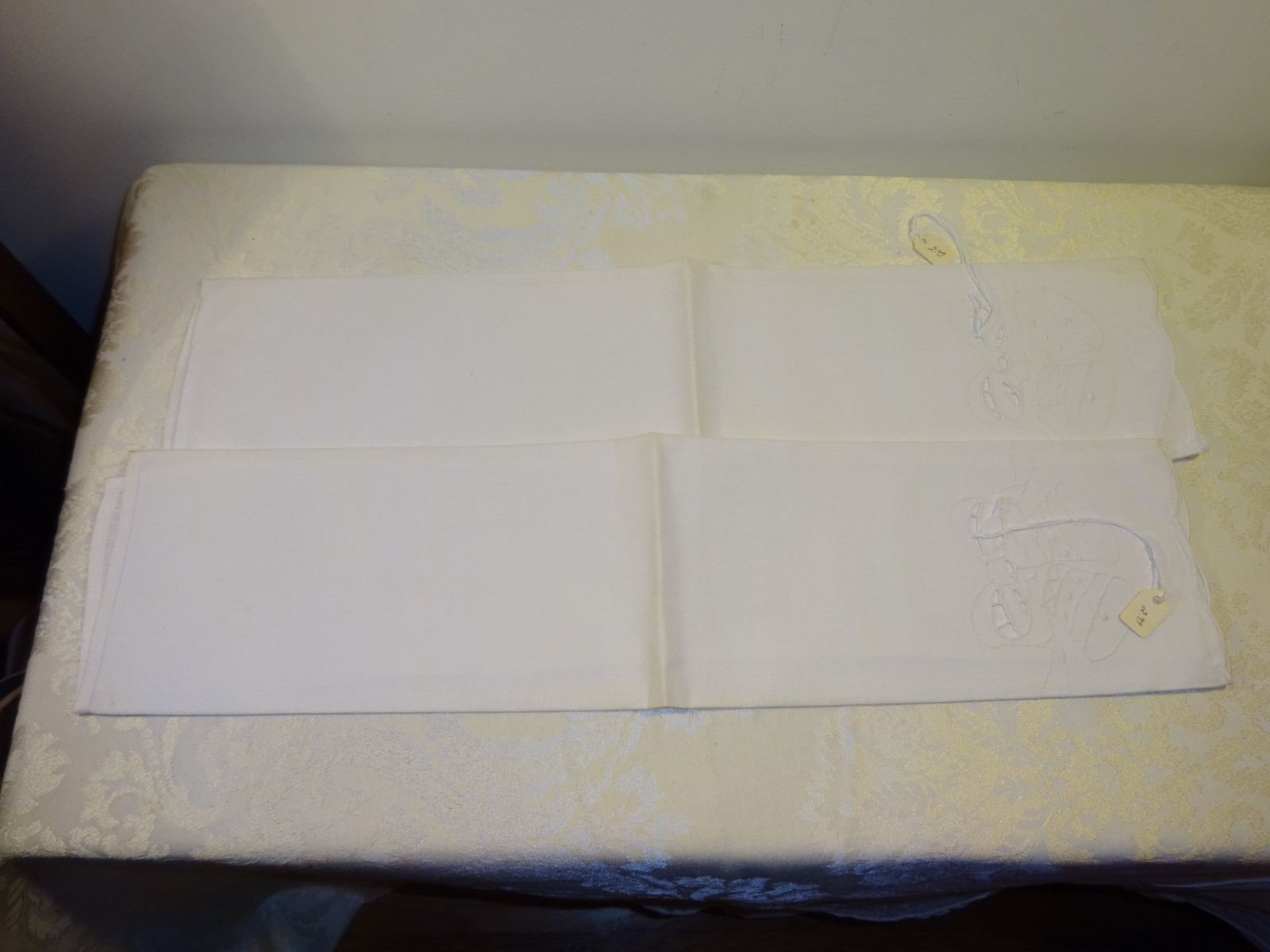 Vintage Cutwork Napkins Christmas Bells White Cotton Set of 2 Unused Embroidered