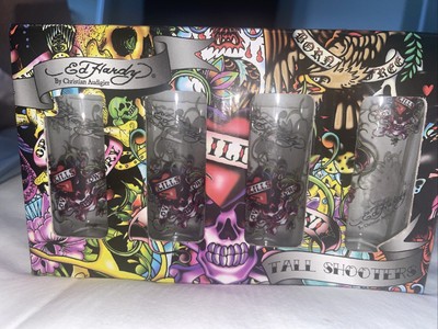 Ed Hardy by Christain Audigier 4 Tall Shooter Shot Glasses Box Set 2 fl. oz Each