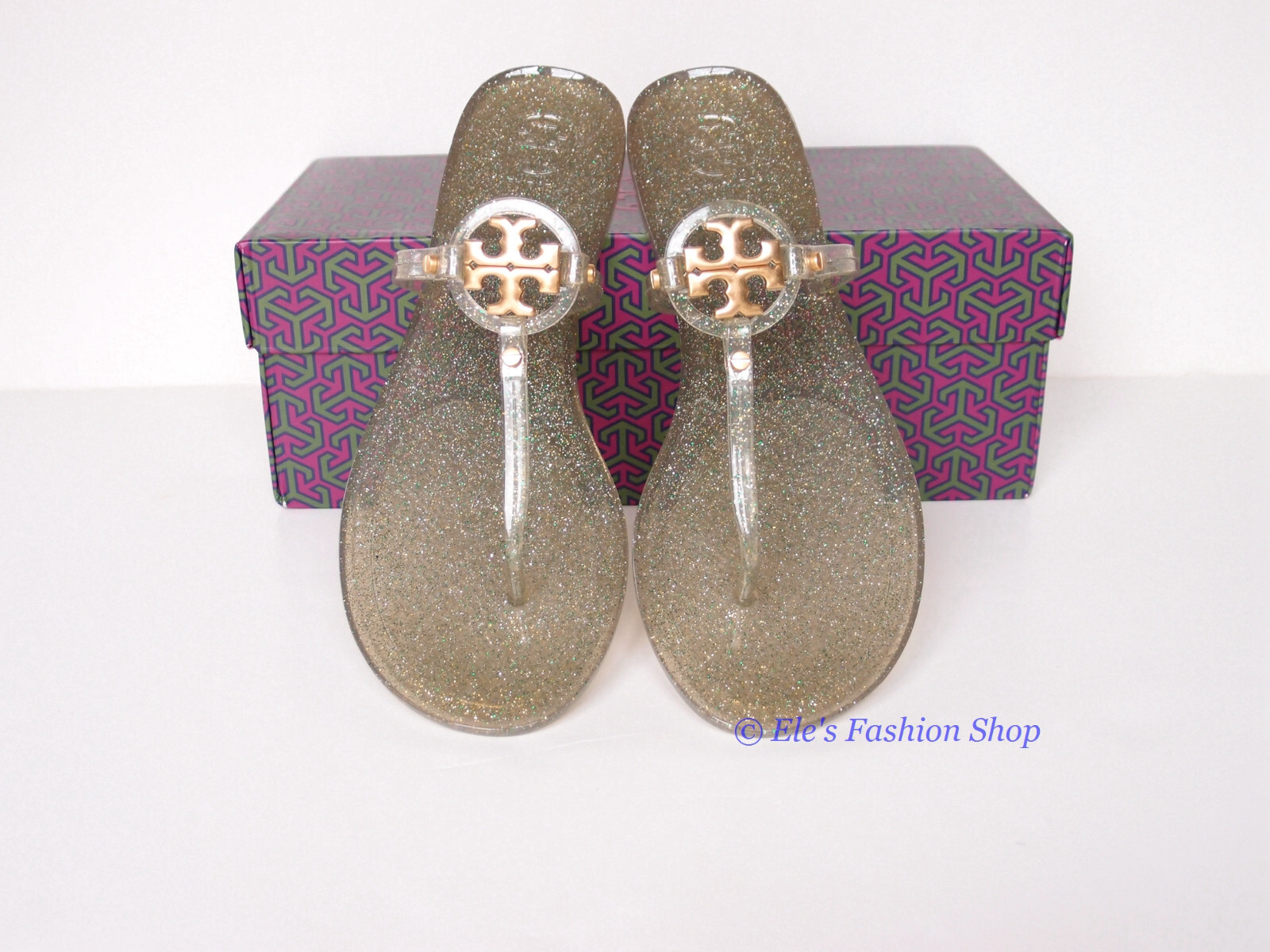 Pre-owned Tory Burch In Box  Mini Miller Jelly Thong Sandals Green Silver Gold Us 7