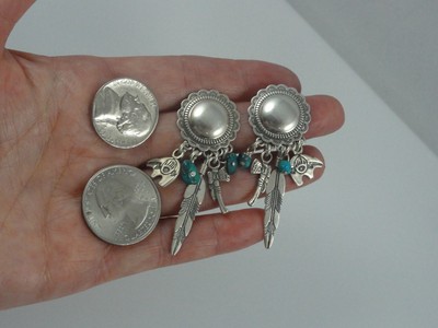 Estate Unmarked Sterling Silver Concho Feather Bear Tomahawk Earrings Turquoise