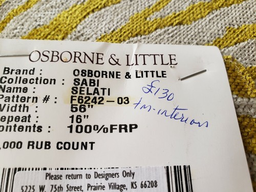 (2) OSBORNE & LITTLE Fabric Remnants - SELATI - ZEBRA CHENILLE -14 x11 1/2  $340