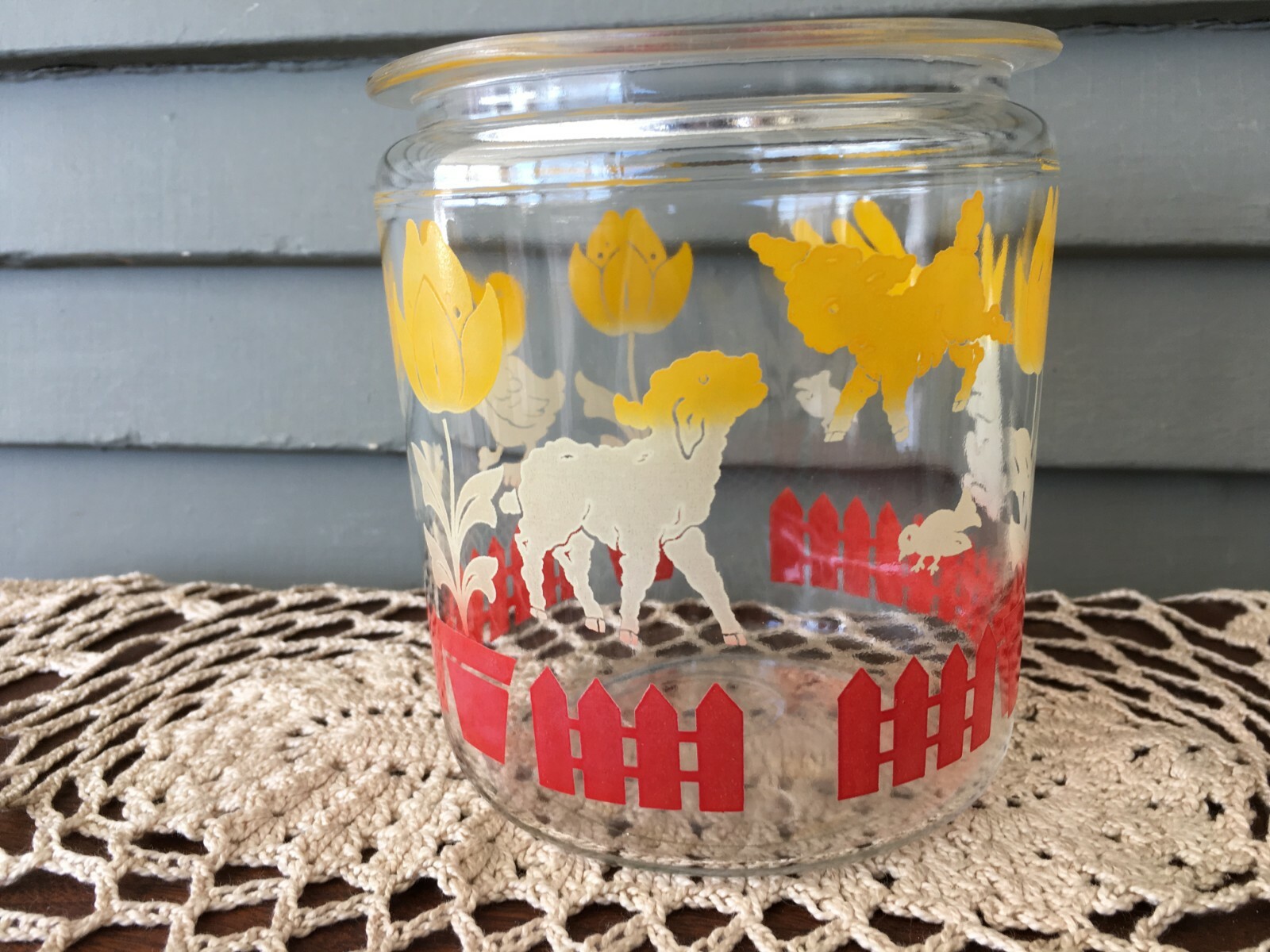 Vintage Small Storage Canister Clear Glass Jar Bunnies Ducks Red Picket Fence