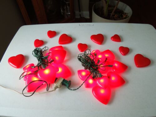2 ~Vintage Red Plastic Hearts 10 Count String Lights  Valentines Day + 9 HEARTS