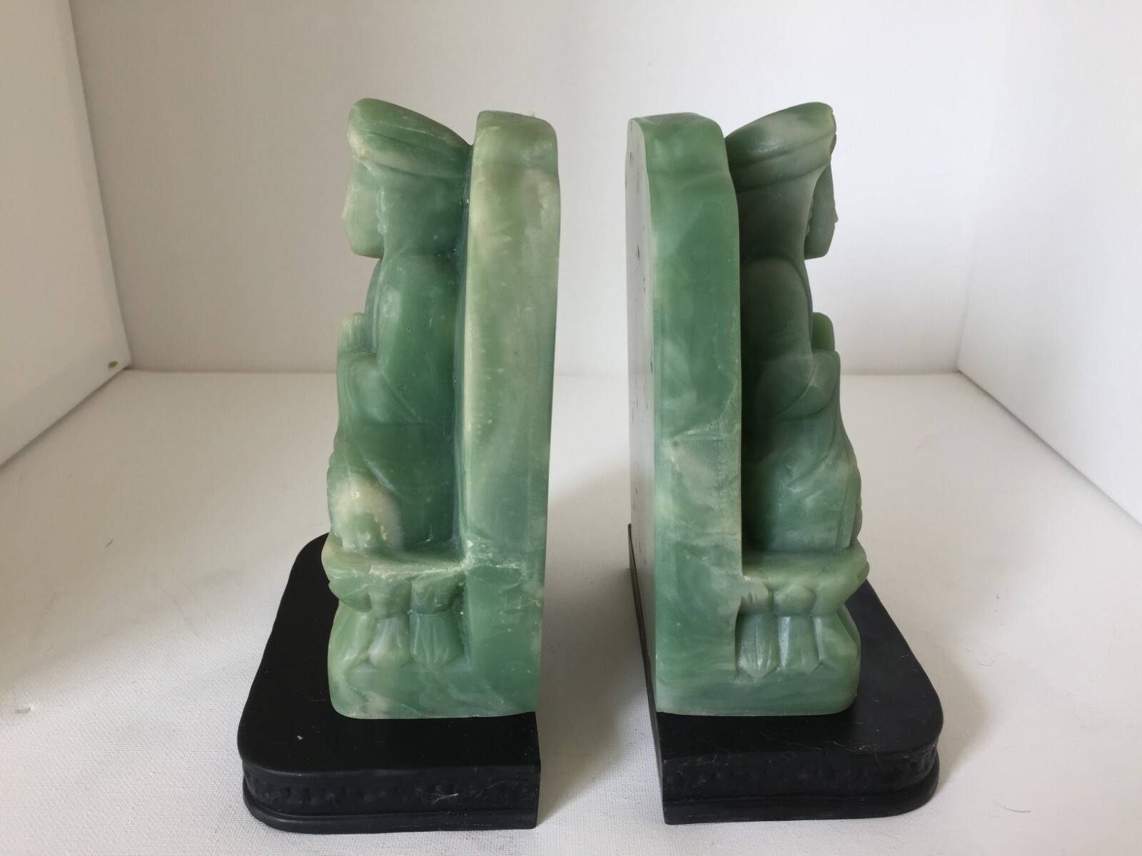 Hand Carved Green Incolay Stone Praying Goddess Bookends