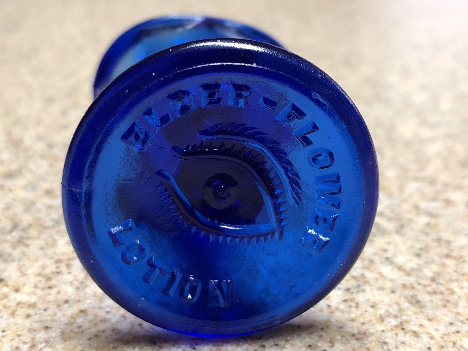 1 ELDER FLOWER LOTION Cobalt Blue Pressed Glass Eye Wash Cup 2 & 1/4 inches tall