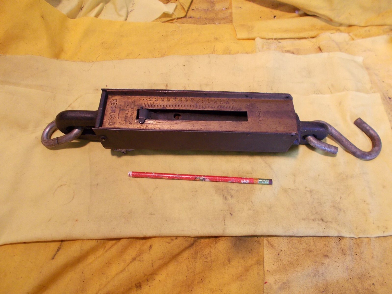 LARGE ANTIQUE CHATILLON NY USA 300 lb HANGING SCALE with brass face plate