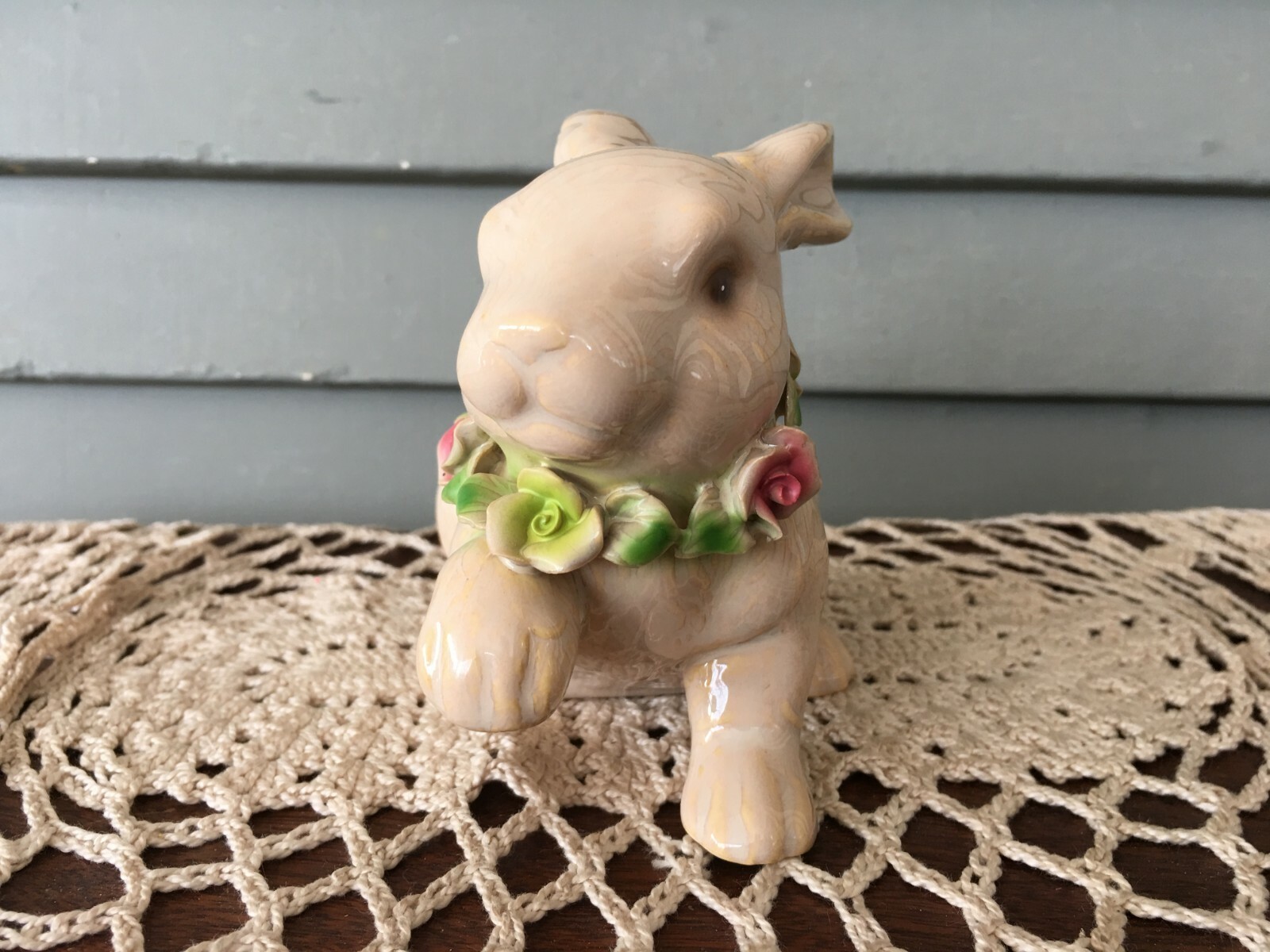 Small Ceramic Bunny Rabbit Figurine Hand Painted with Flowers