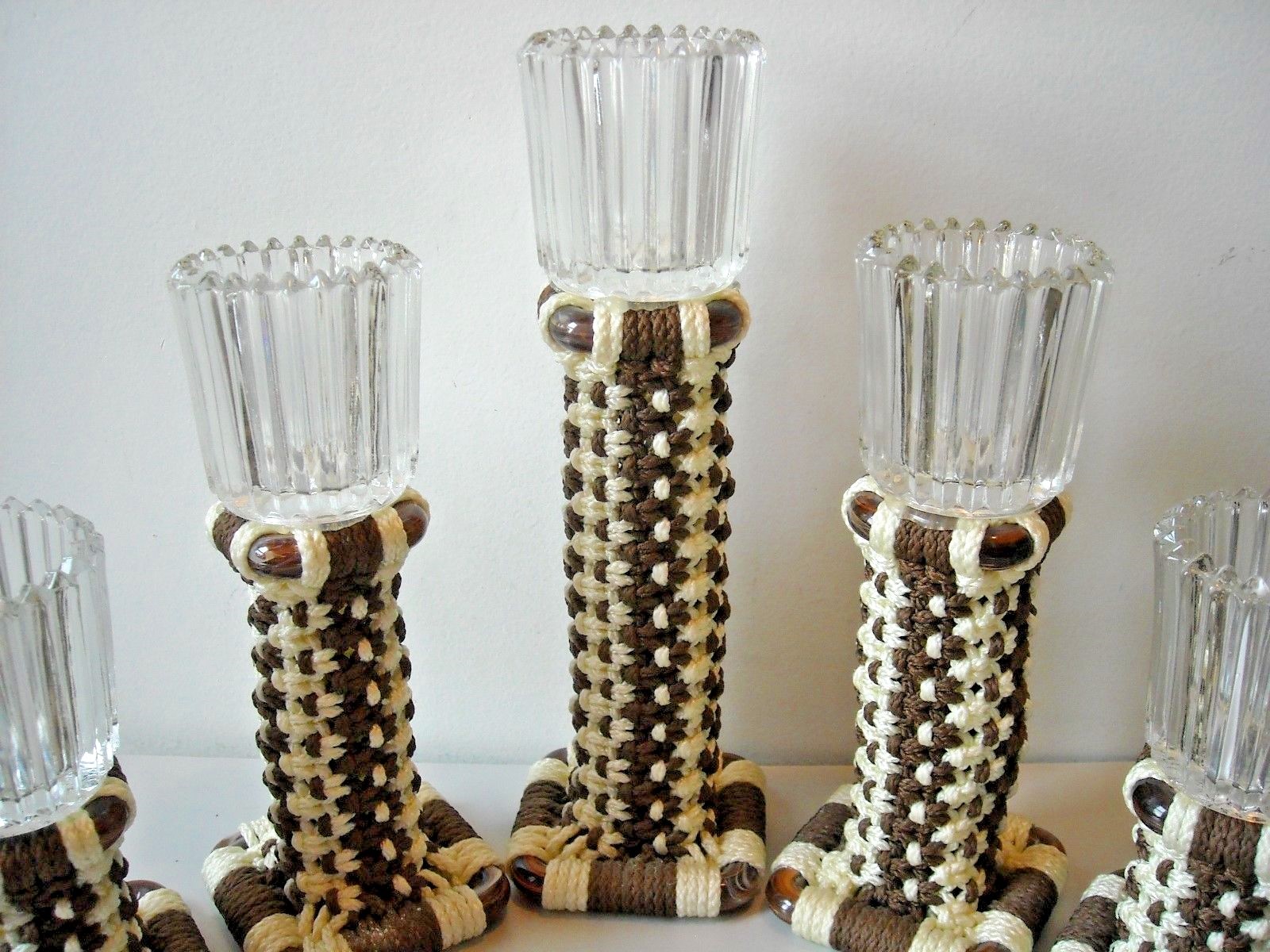 5 Handmade Macrame Candlesticks Brown & Off-White Clear Glass Votice Cups on Top