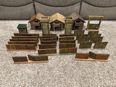 Elastolin Wooden Western Accessory Lot - Log Cabin, Guard Towers, Fence, Gates