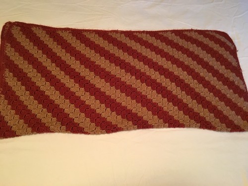 Vintage Crocheted Afghan Throw Autumn Fall Colors 36x38 Brown TanDiagonal Stripe