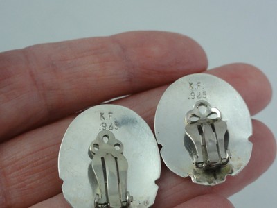 Estate Signed KF Sterling Silver Tooled Green Paua Shell Clip Earrings Abalone