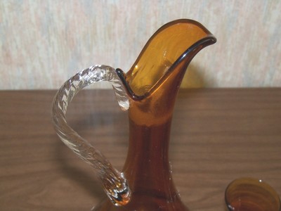 Beautiful 7 Pc - 2 Tone Art Glass Decanter w/ 5 Cordials