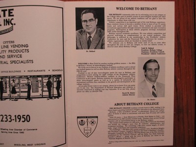 1983 Bethany College Football Game  Program(w/WALLY  NEEL/TOM REDDY/STEVE ADAMS)