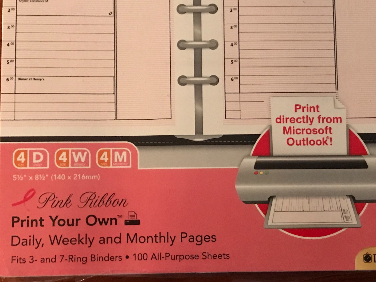 Day-Timer Acco PINK RIBBON Print Your Own Day, Week, Month Fit 3 or 7 Ring 14260