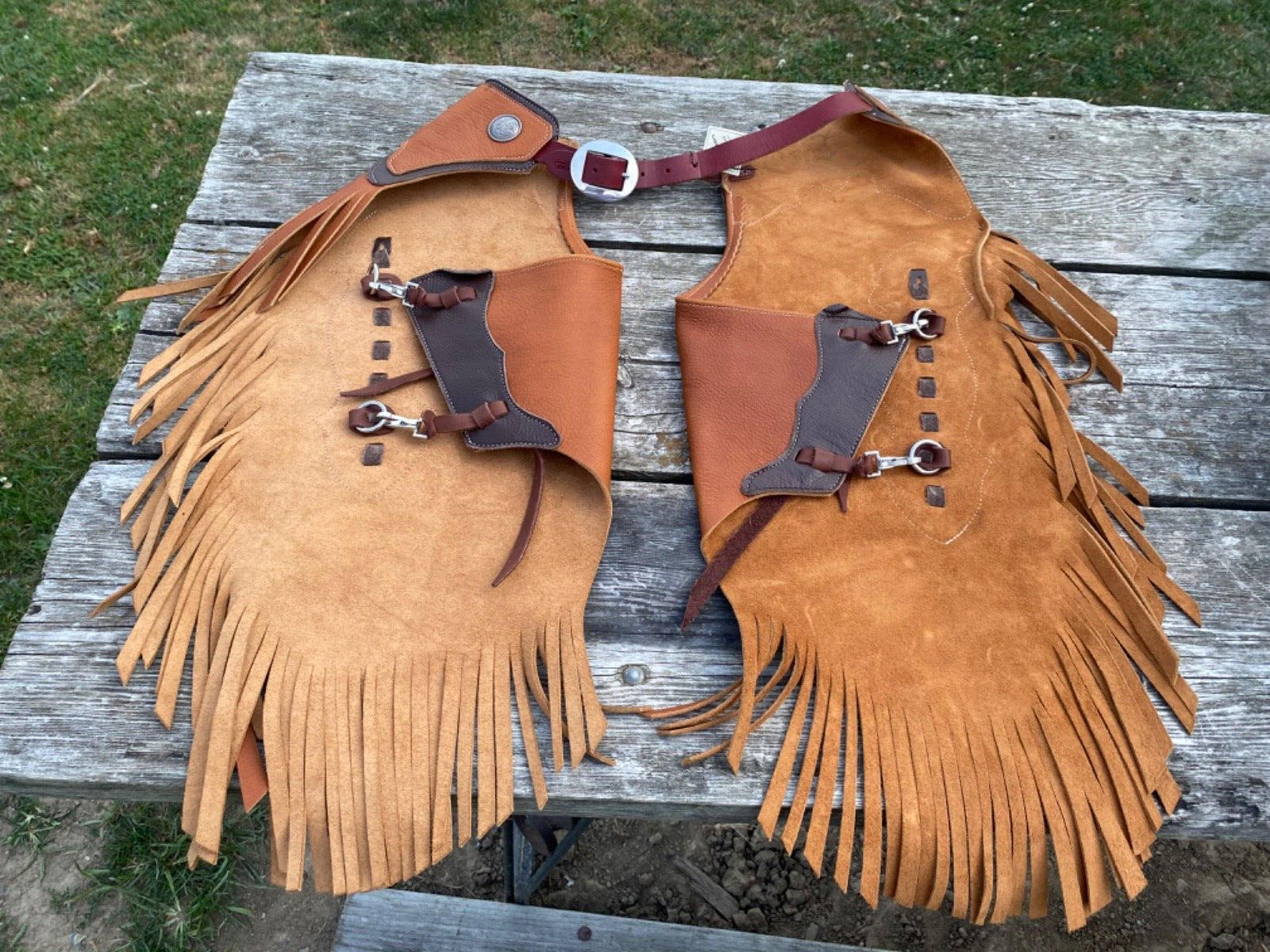 Small Rocking Y full grain leather Western chinks / chaps US made