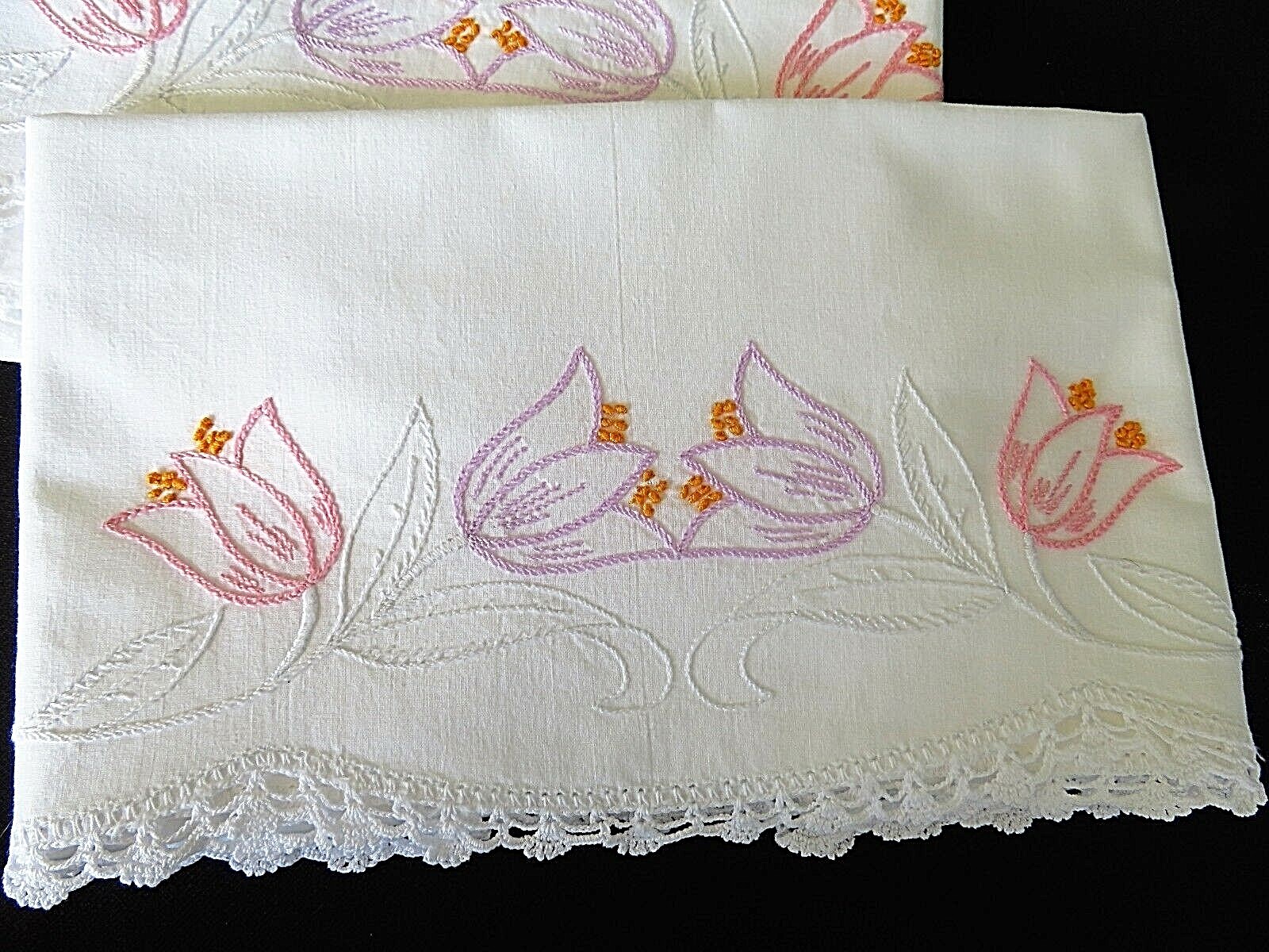 PAIR  Vintage Pillowcases Embroidered Flowers Crochet Edge Bridal Gift